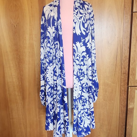 Lily Navy and Beige Damask Ruched Open Cardigan Sz 1X - Picture 5 of 7